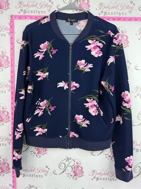 Lily Morgan jacket sweater Floral Zip Bomber Jacket in Navy with Pink Blossoms